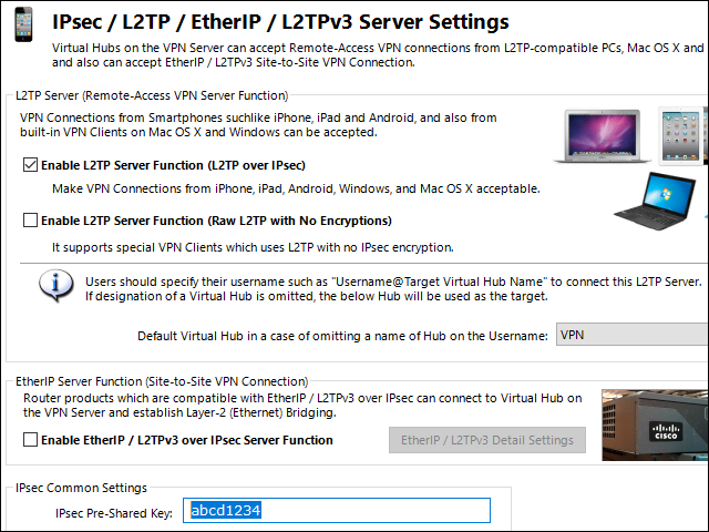 SoftEther IPsec / L2TP / EtherIP/ L2TPv3 Server Settings