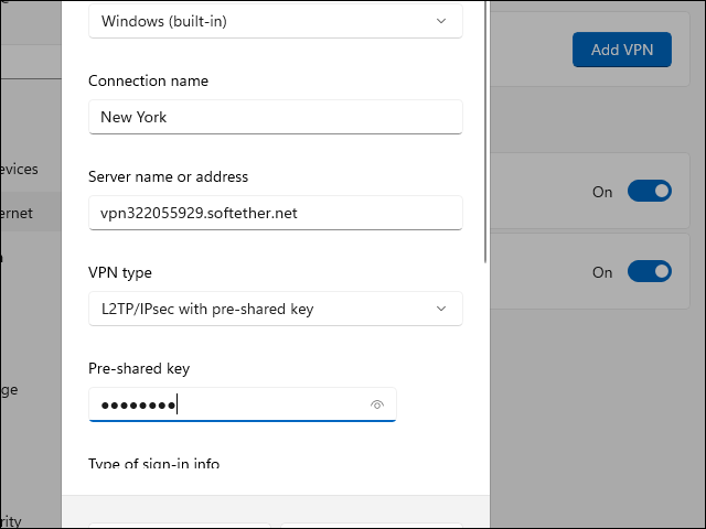 Windows built-in VPN client for L2TP/IPsec with pre-shared key