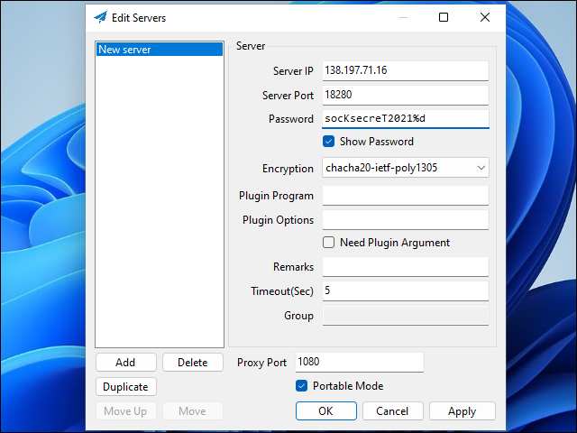 Shadowsocks server definition on Windows client